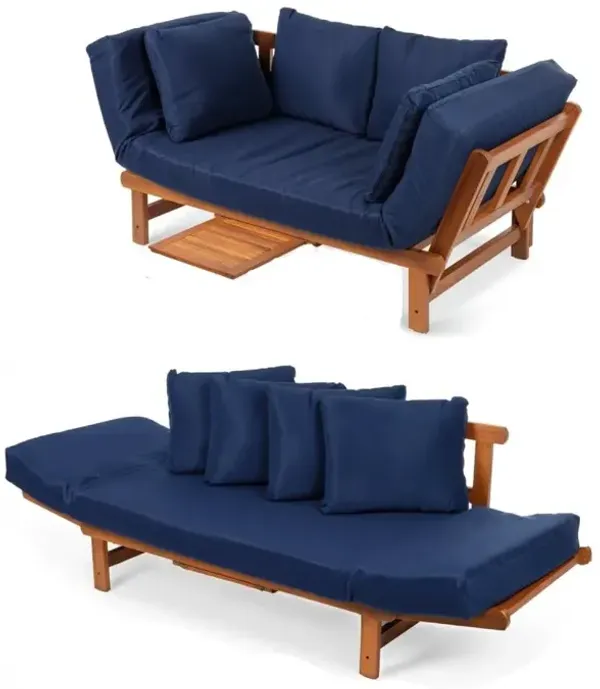 Hivvago Navy Blue Outdoor Acacia Wood Convertible Sofa Futon with 4 Removable Pillows