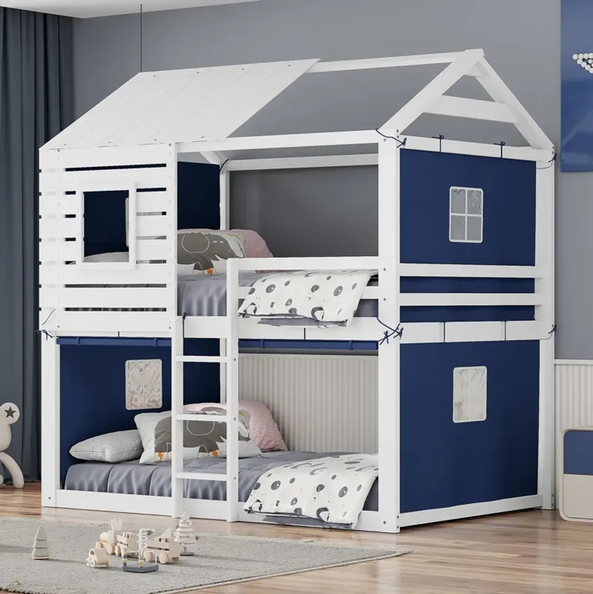 Merax Wood House Bunk Bed with Tent