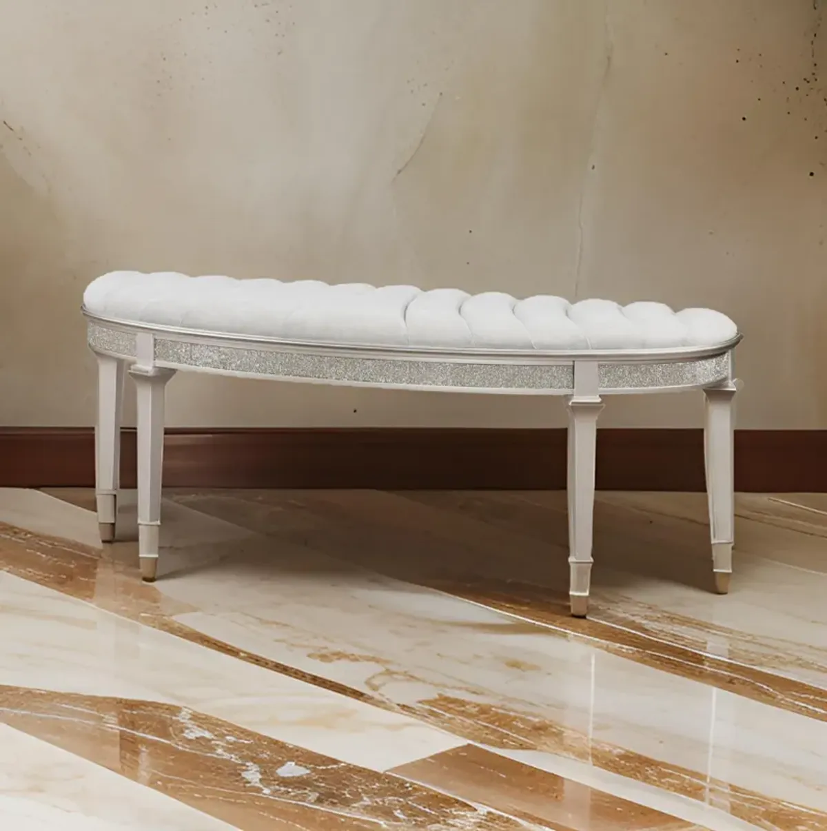 Nive 53 Inch Bench, Semiround Shape, Encrusted Faux Diamond, Silver Oak - Benzara