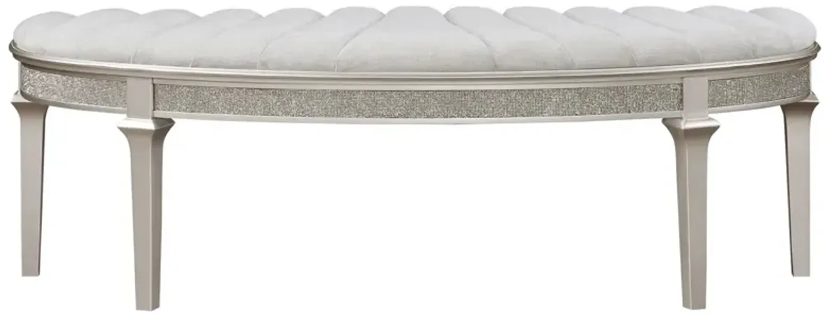 Nive 53 Inch Bench, Semiround Shape, Encrusted Faux Diamond, Silver Oak - Benzara