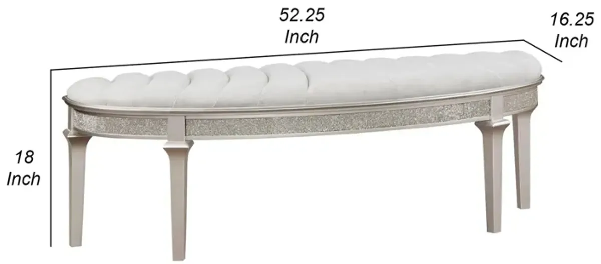 Nive 53 Inch Bench, Semiround Shape, Encrusted Faux Diamond, Silver Oak - Benzara