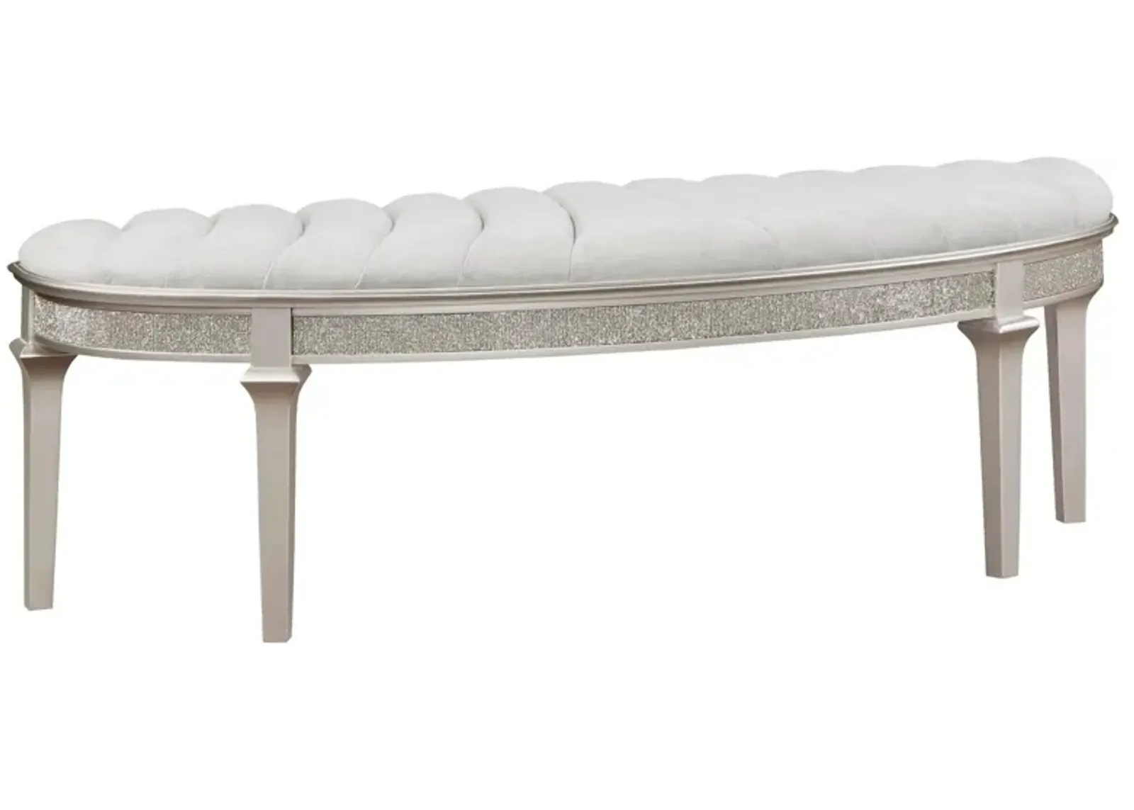 Nive 53 Inch Bench, Semiround Shape, Encrusted Faux Diamond, Silver Oak - Benzara