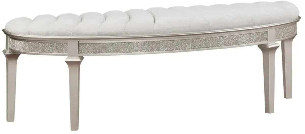 Nive 53 Inch Bench, Semiround Shape, Encrusted Faux Diamond, Silver Oak - Benzara