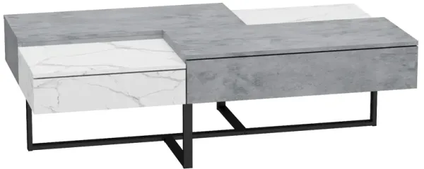 51.2 in. W Marble Texture Rectangle Wood Coffee Table Console in Gray & White With Trestle Base and 4-Drawers
