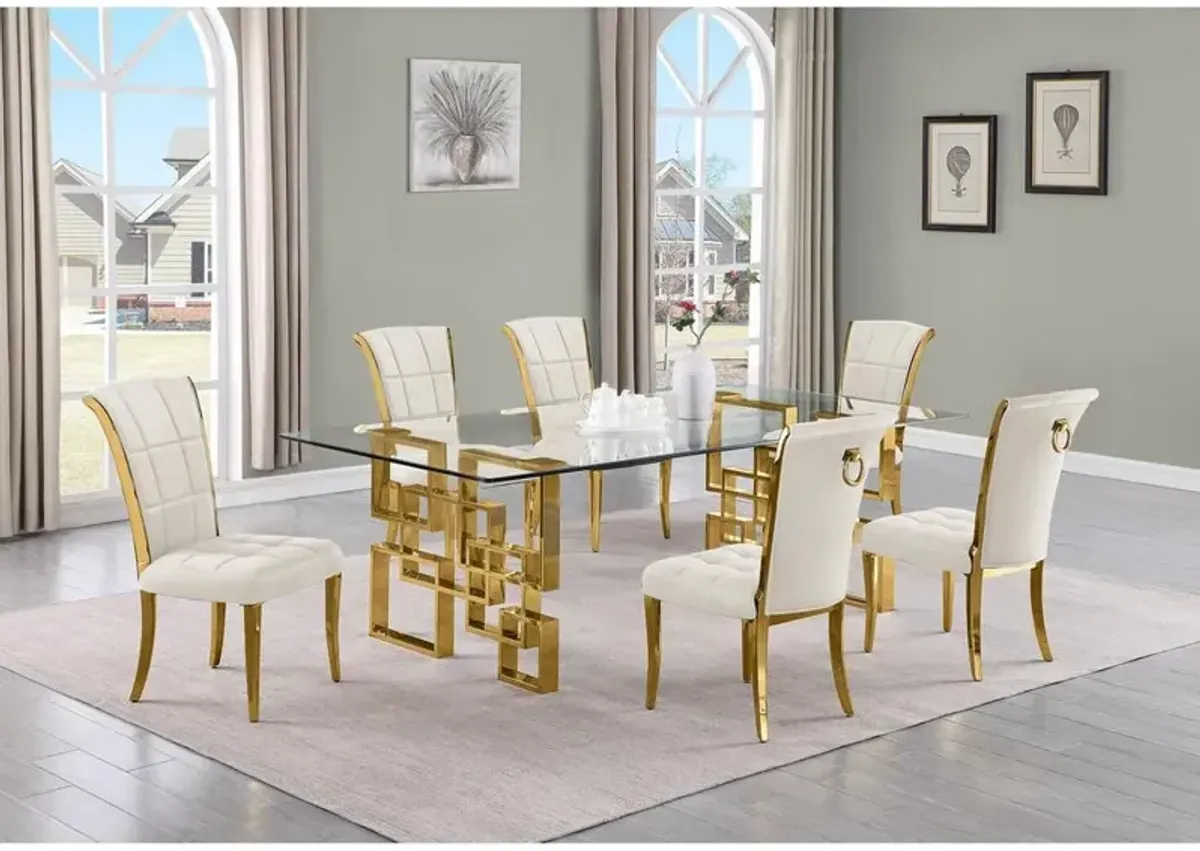 7-piece glam dining set with 6 cream side chair and a 95"long glass  table