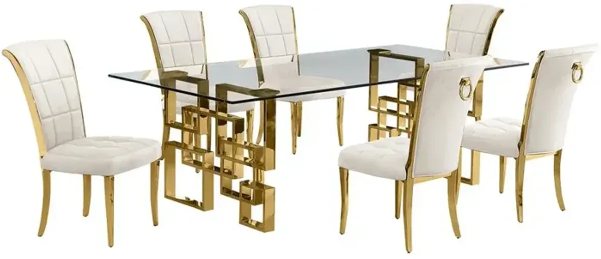 7-piece glam dining set with 6 cream side chair and a 95"long glass  table