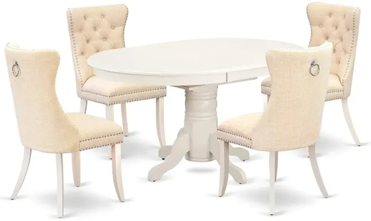 East West Furniture AVDA5-LWH-32 5 Piece Kitchen Set Includes an Oval Dining Table with Butterfly Leaf and 4 Upholstered Chairs, 60x42 Inch, Linen White