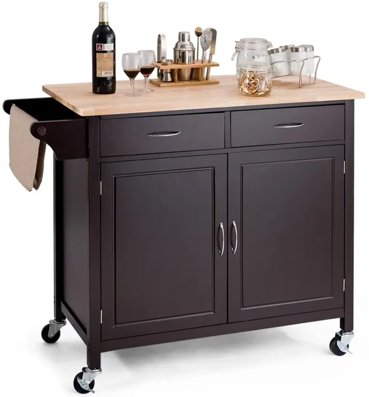 Hivvago Brown Kitchen Island Storage Cart with Wood Top and Casters