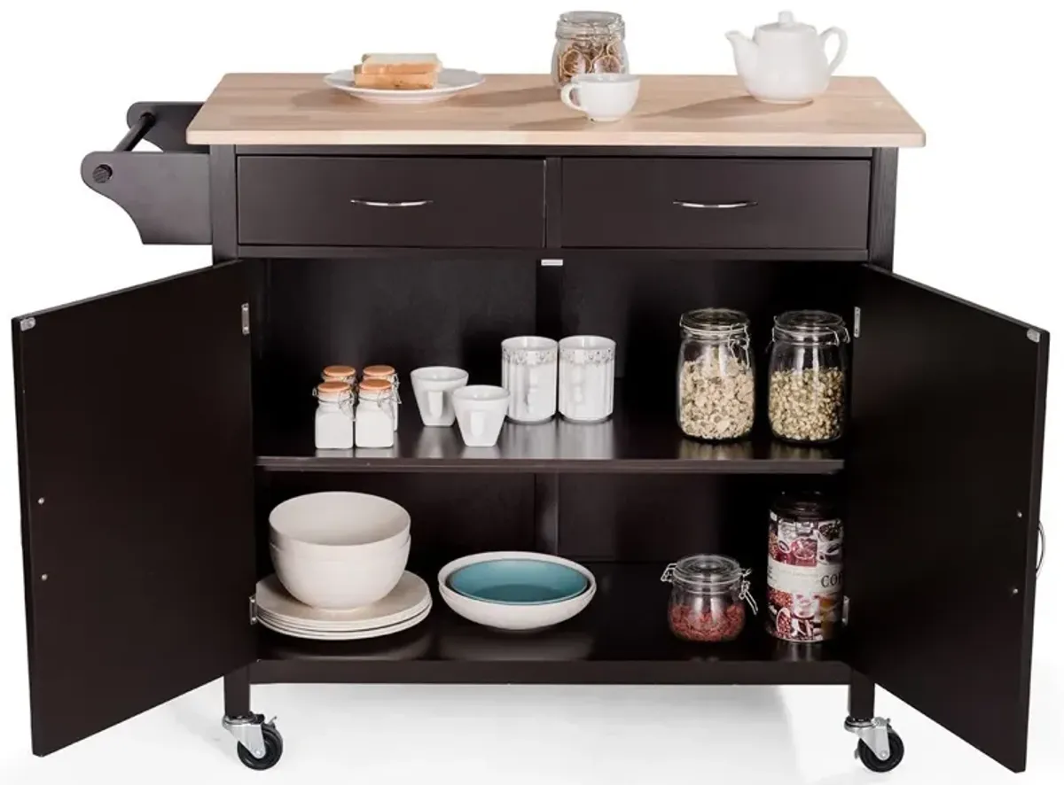 Hivvago Brown Kitchen Island Storage Cart with Wood Top and Casters