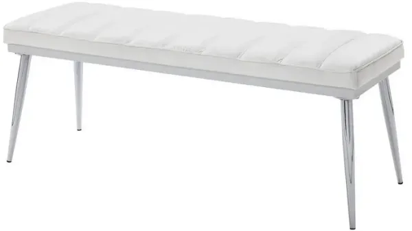 Metal and Faux Leather Bench with Vertical Chanel Tufts, White and Chrome-Benzara