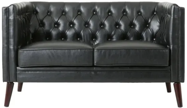 Janie Loveseat Bench, 54 Inch Wood, Tufted Diamond Black Faux Leather - Benzara