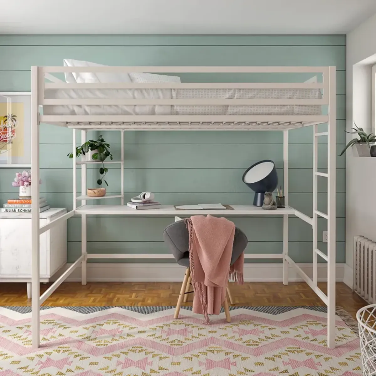 Novogratz Maxwell Metal Loft Bed with Desk & Shelves