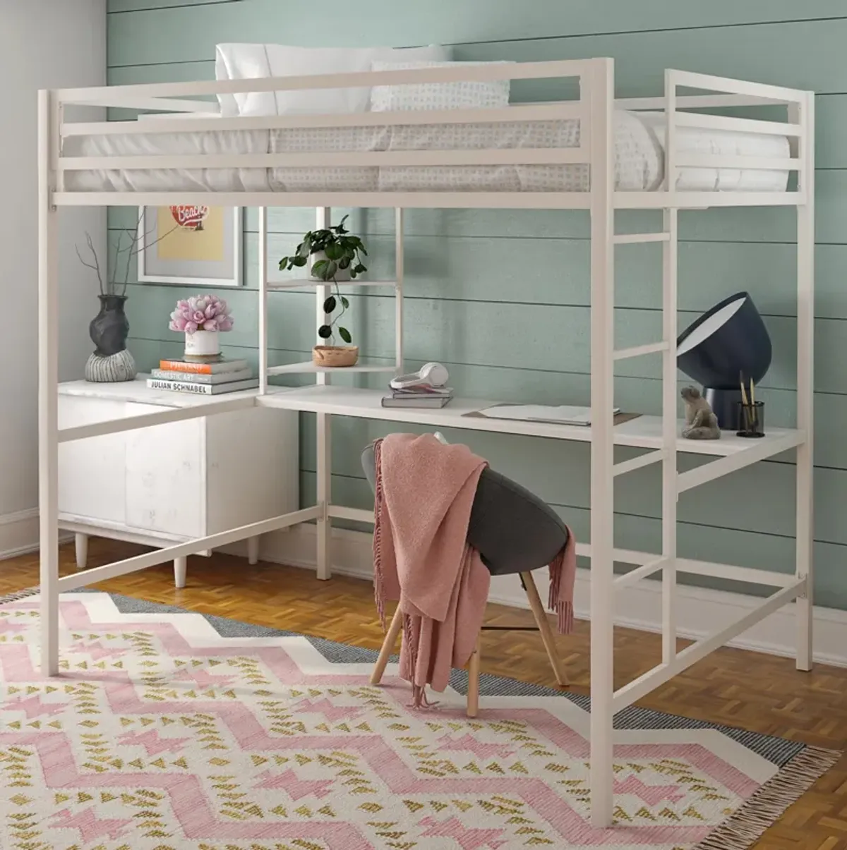 Novogratz Maxwell Metal Loft Bed with Desk & Shelves