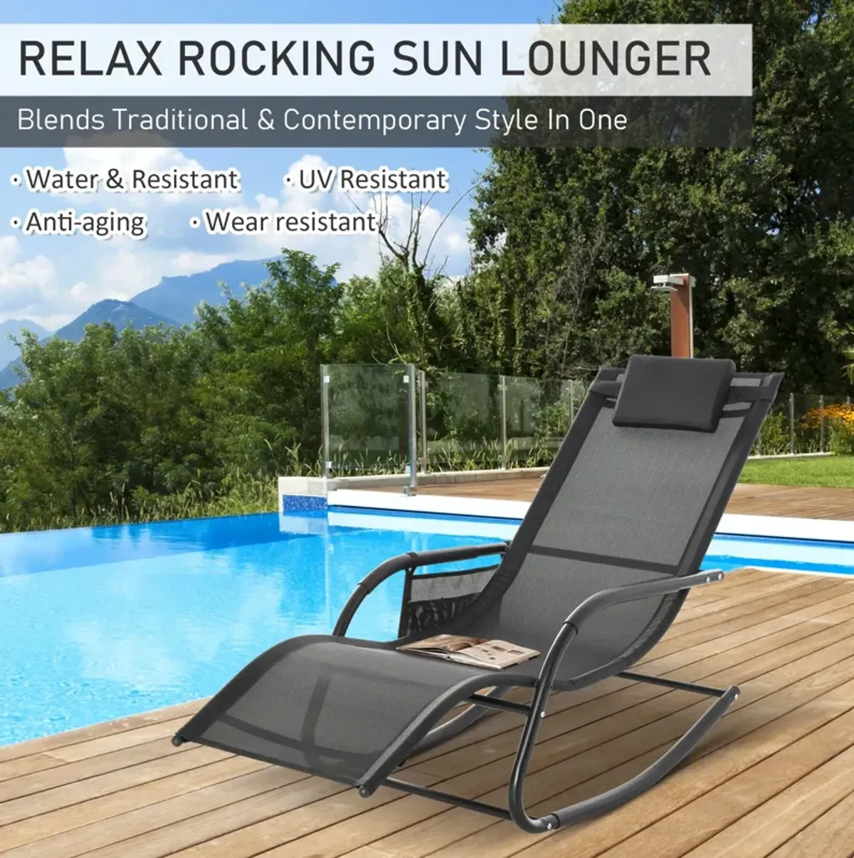 Black Outdoor Rocker: Patio Recliner Chair with Detachable Pillow