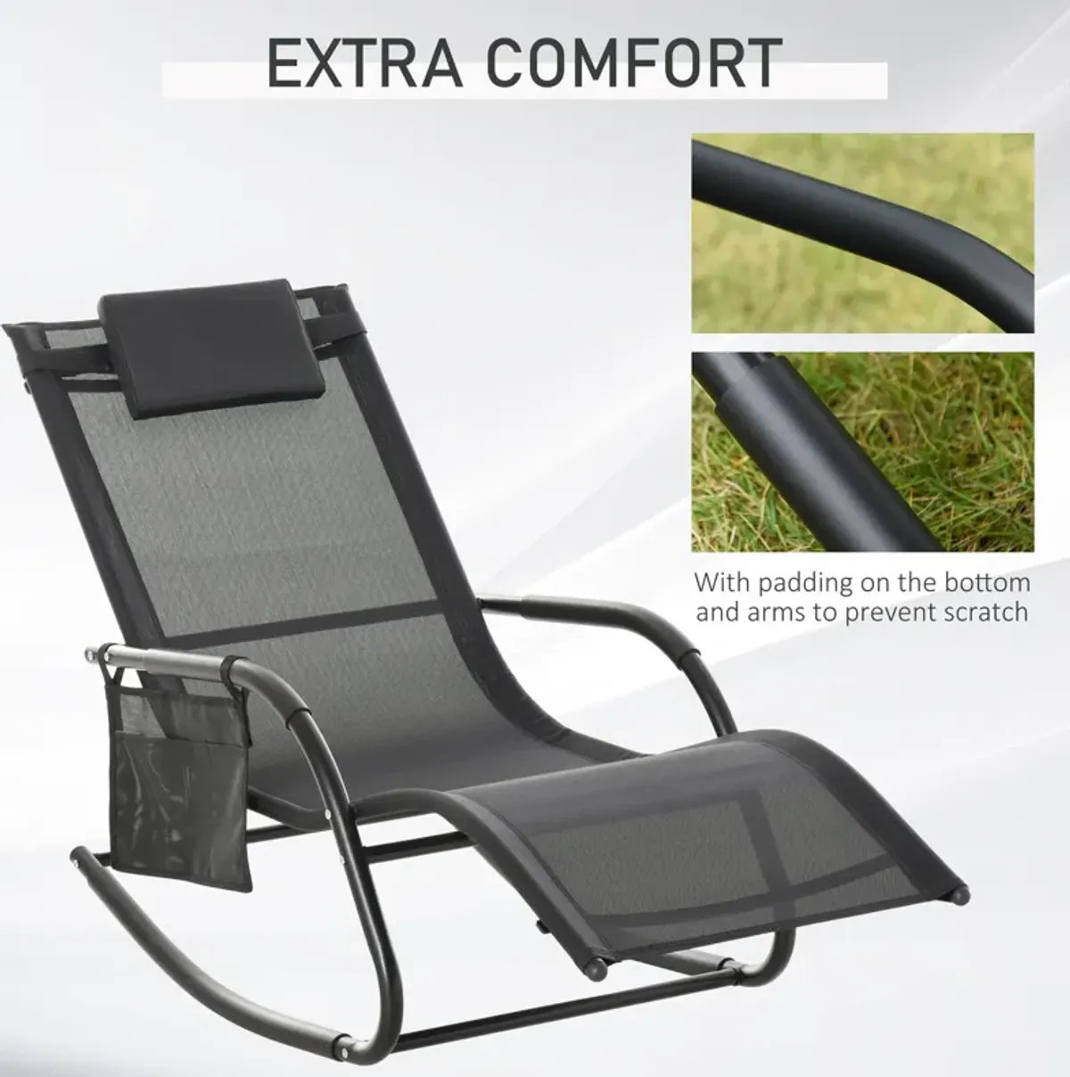 Black Outdoor Rocker: Patio Recliner Chair with Detachable Pillow