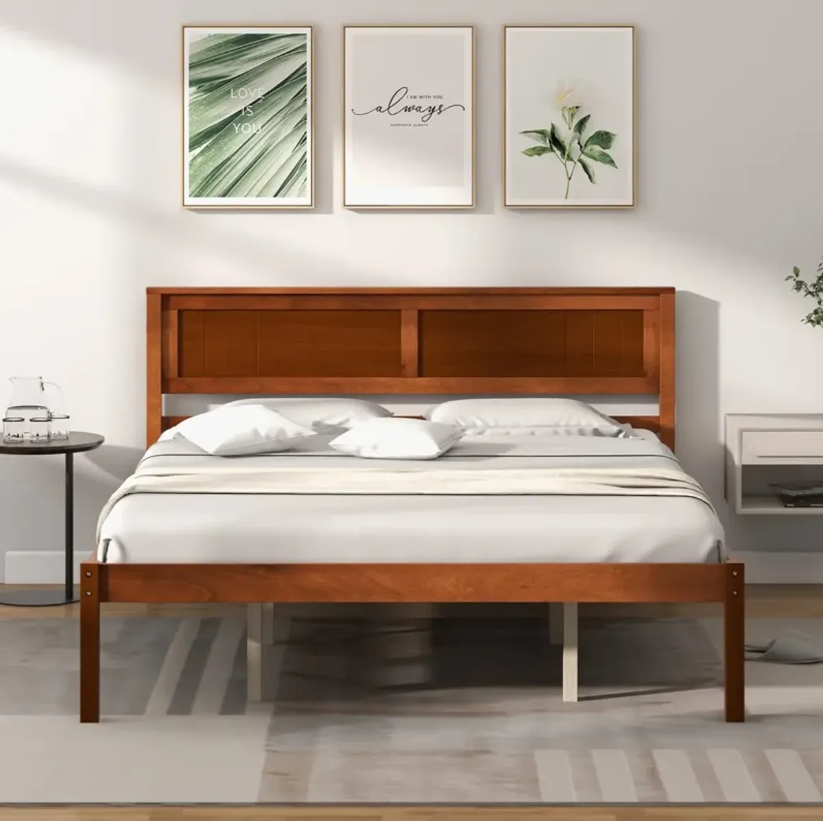 Queen Size Bed Frame with Wooden Headboard and Slat Support-Queen Size