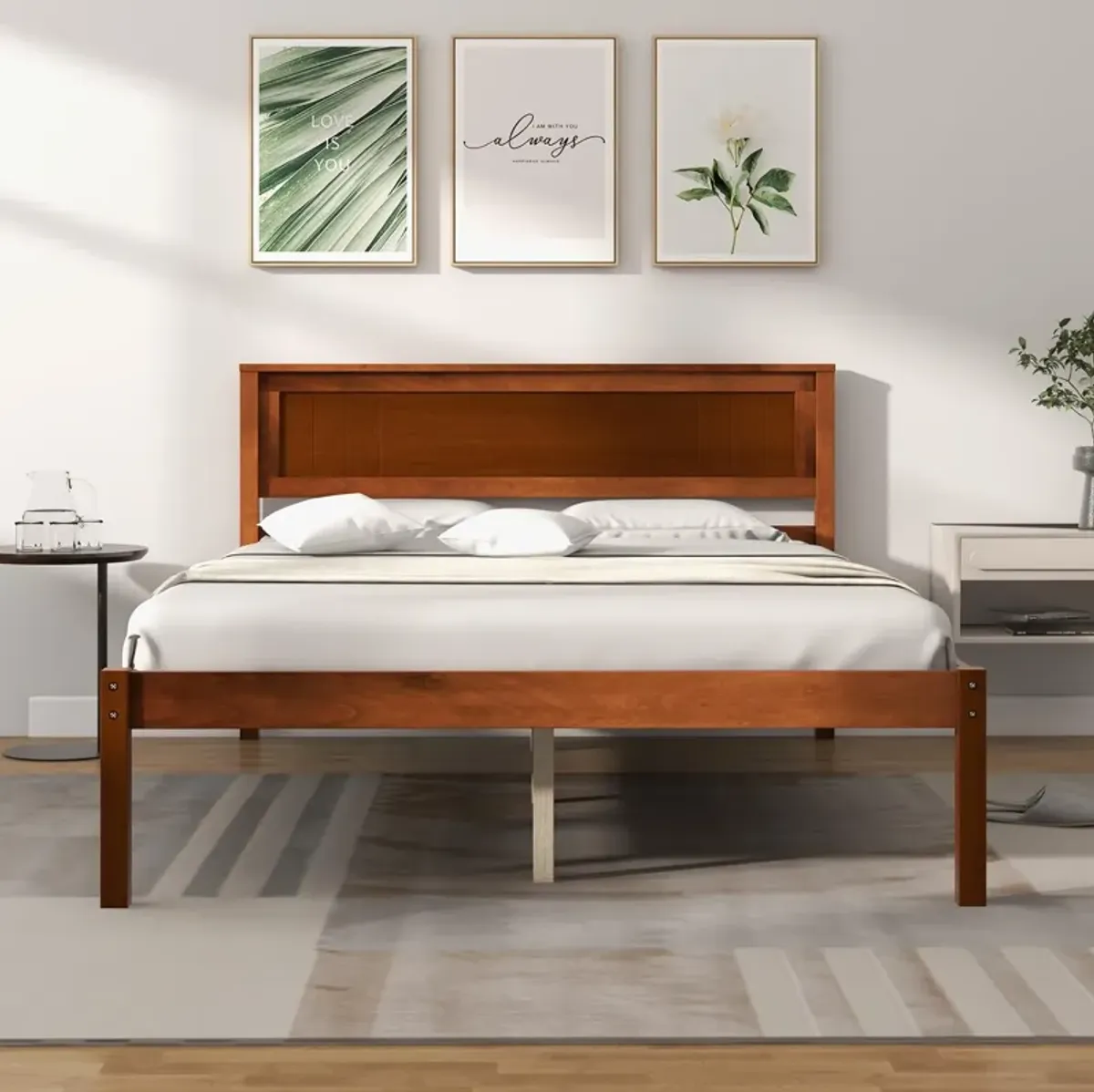 Queen Size Bed Frame with Wooden Headboard and Slat Support-Queen Size