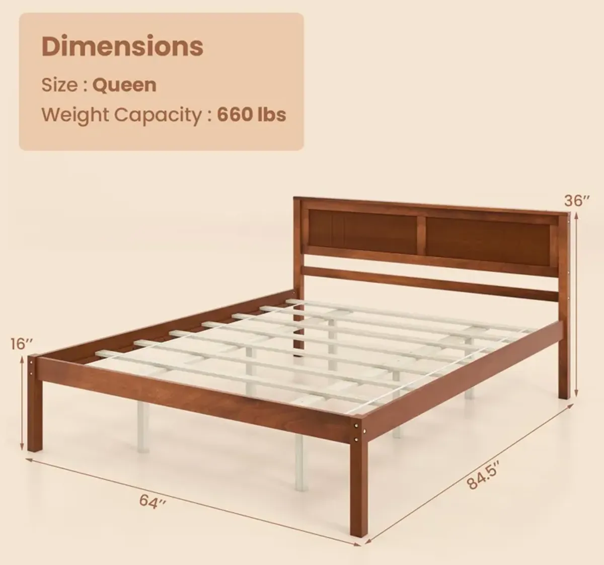 Queen Size Bed Frame with Wooden Headboard and Slat Support-Queen Size