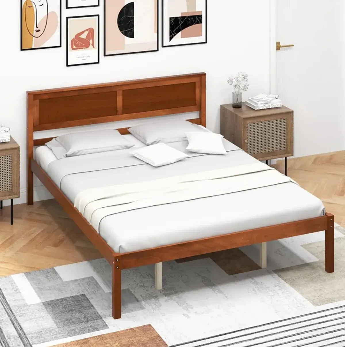 Queen Size Bed Frame with Wooden Headboard and Slat Support-Queen Size