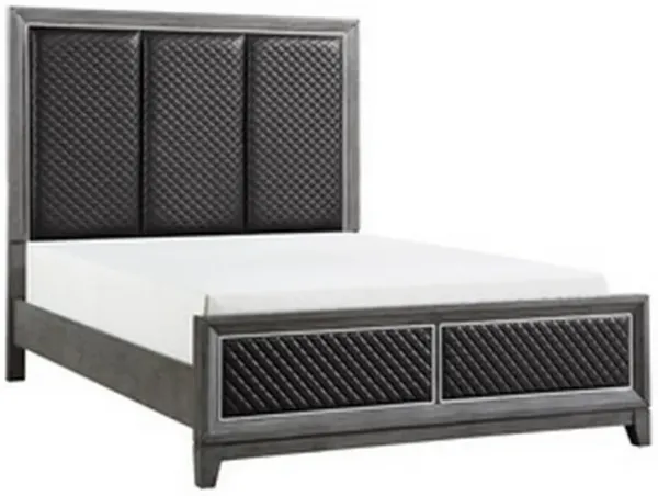 Stacy Queen Bed, Gray Faux Leather Upholstered Panels, Silver, Gray Wood - Benzara