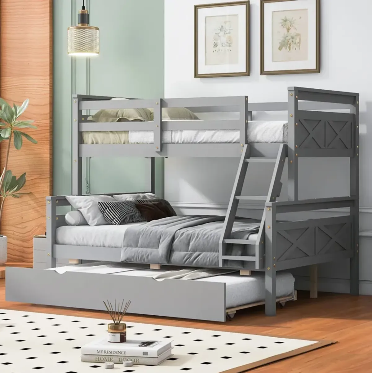 Merax Twin over Full Bunk Bed with Ladder and Twin Trundle