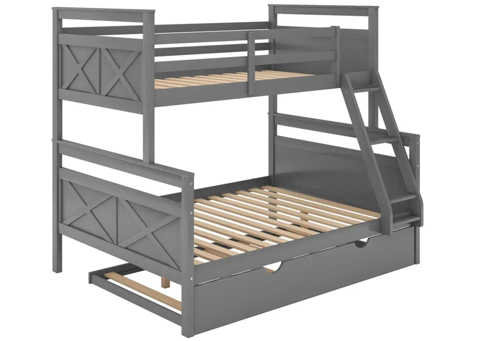 Merax Twin over Full Bunk Bed with Ladder, Twin Size Trundle, Safety Guardrail