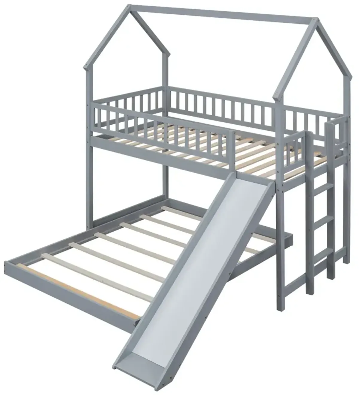 Twin Over Full House Bunk Bed With Slide And Built-In Ladder, Full-Length Guardrail