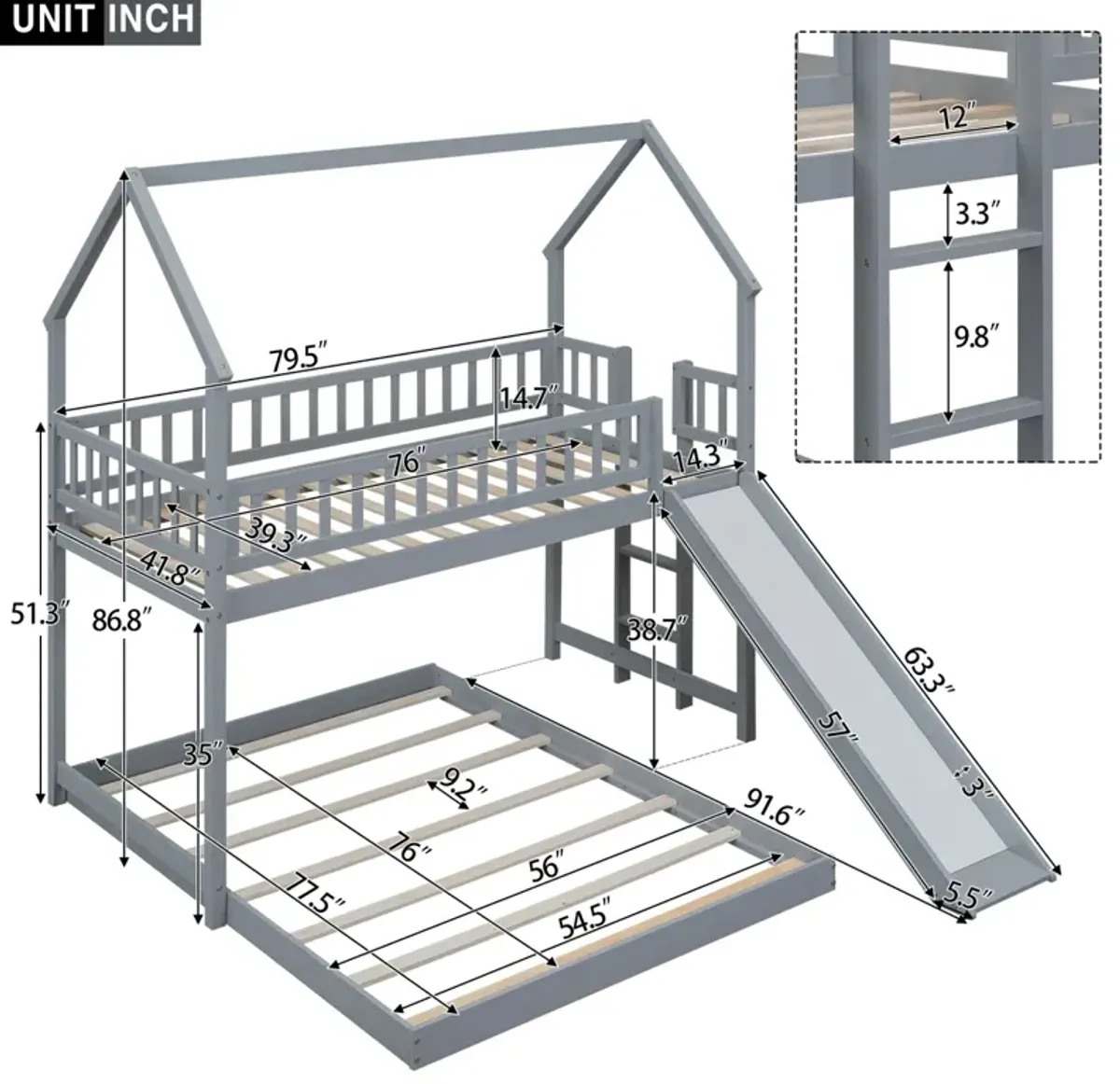 Twin Over Full House Bunk Bed With Slide And Built-In Ladder, Full-Length Guardrail