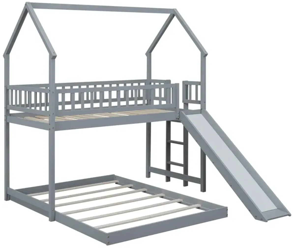 Twin Over Full House Bunk Bed With Slide And Built-In Ladder, Full-Length Guardrail