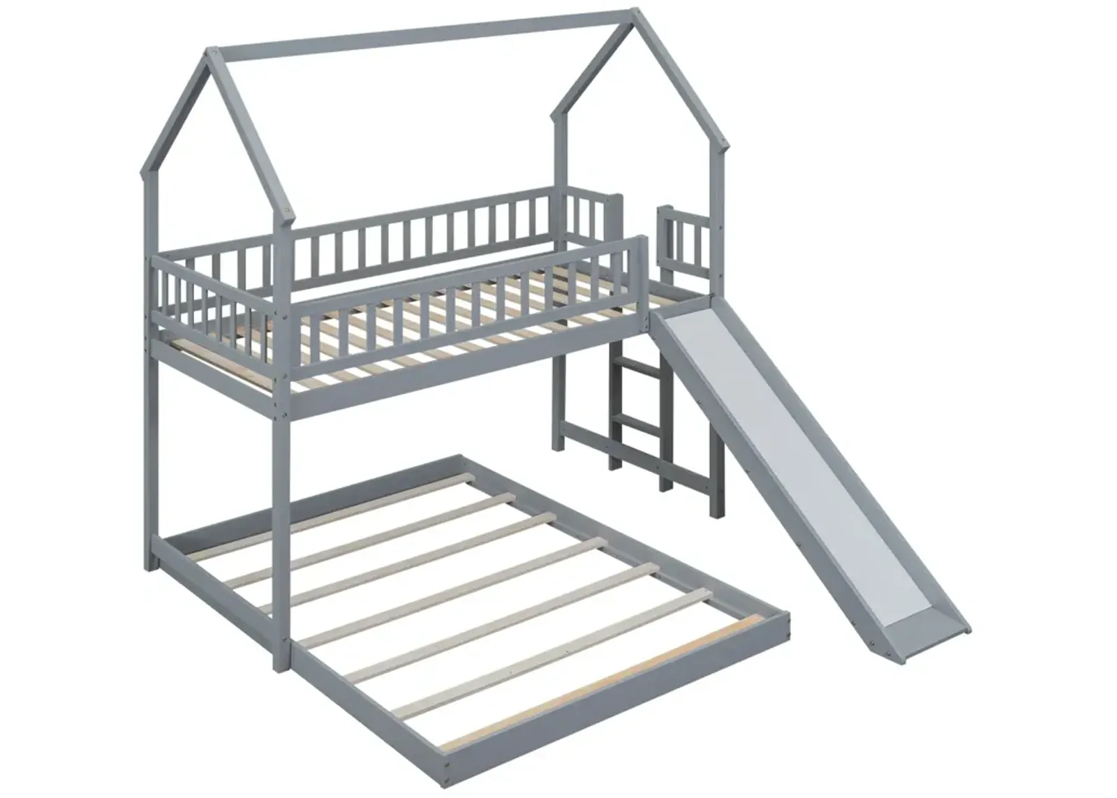 Twin Over Full House Bunk Bed With Slide And Built-In Ladder, Full-Length Guardrail