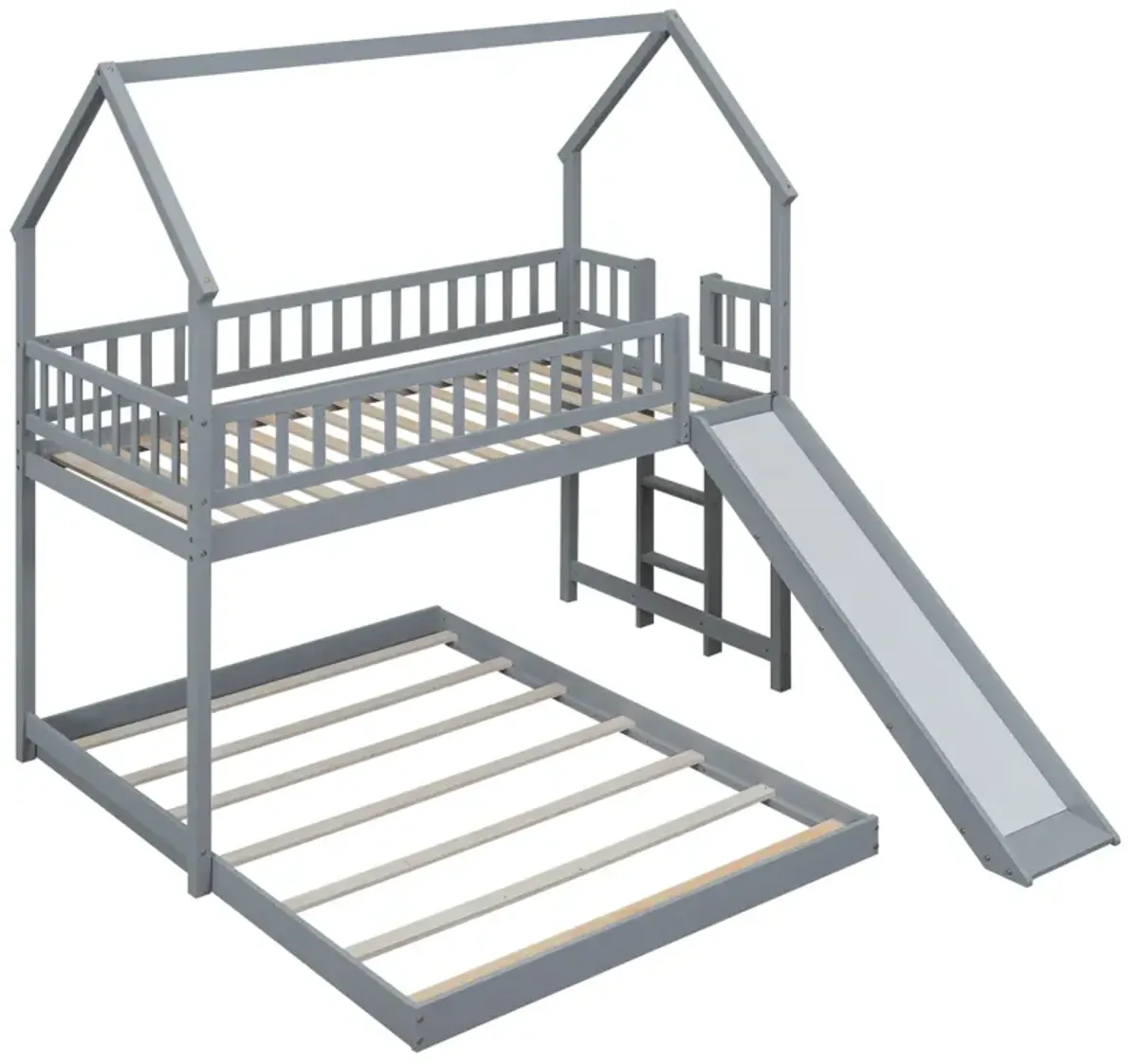 Twin Over Full House Bunk Bed With Slide And Built-In Ladder, Full-Length Guardrail