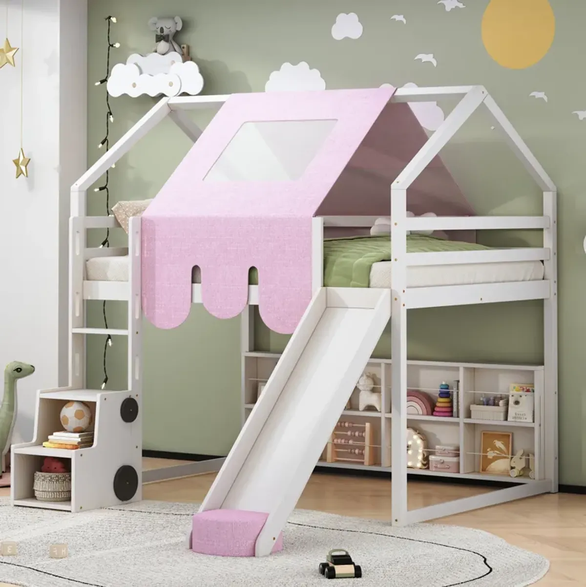 Merax Wooden House-shaped Frame Loft Bed  with a Tent