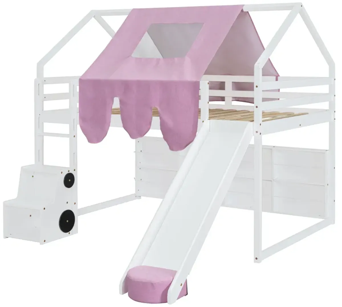 Merax Wooden House-shaped Frame Loft Bed  with a Tent