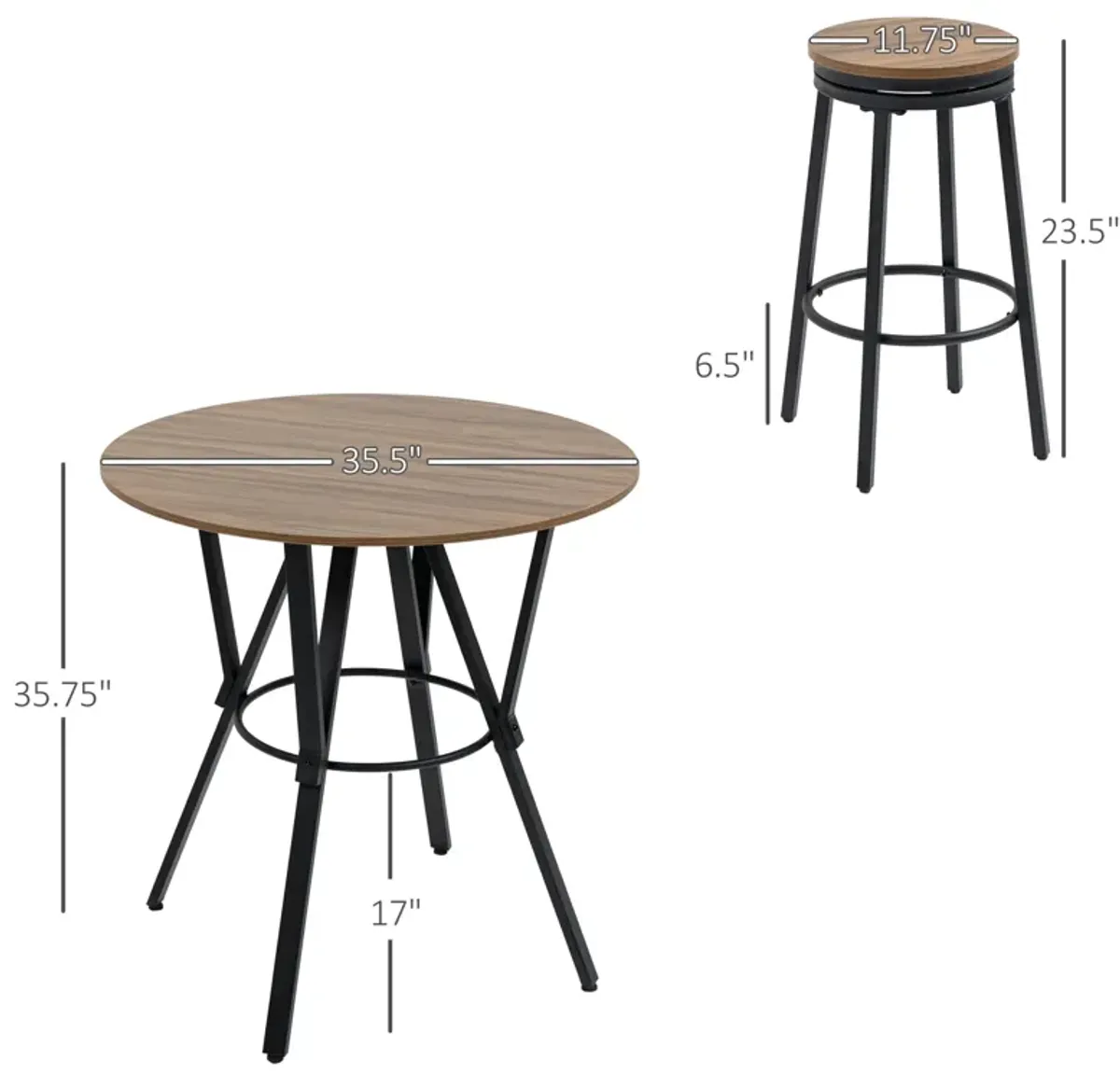 Light Brown Pub Set: 5-Piece Industrial Bar Table with Swivel Stools