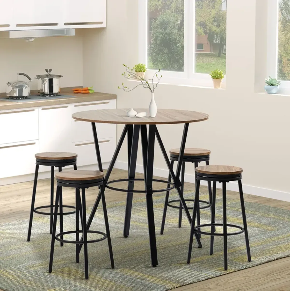 Light Brown Pub Set: 5-Piece Industrial Bar Table with Swivel Stools