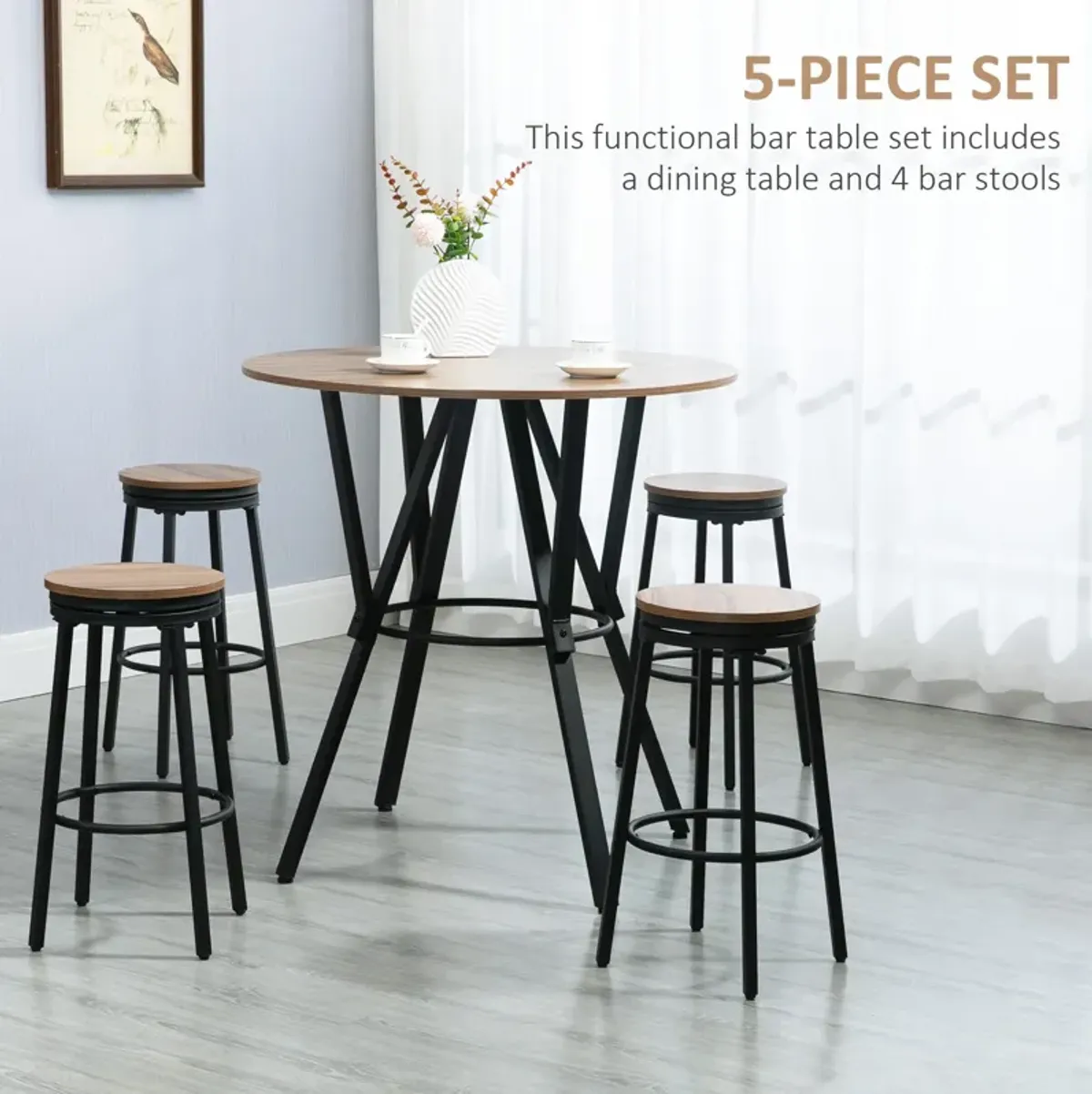 Light Brown Pub Set: 5-Piece Industrial Bar Table with Swivel Stools