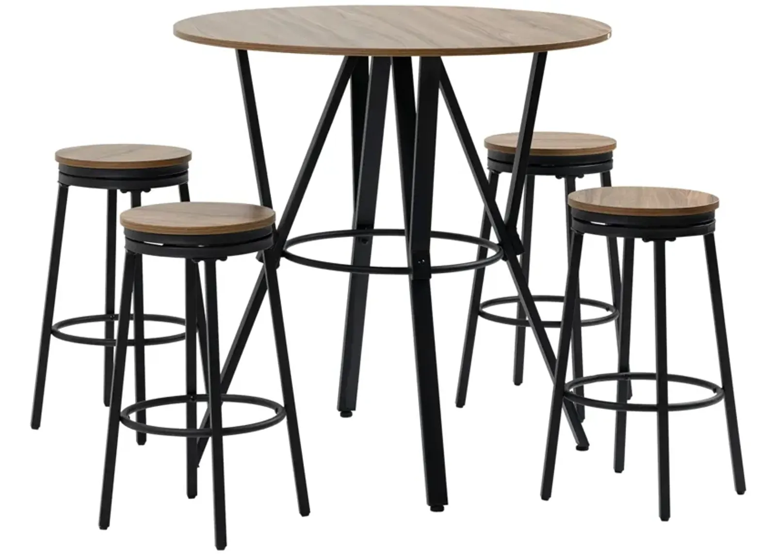 Light Brown Pub Set: 5-Piece Industrial Bar Table with Swivel Stools