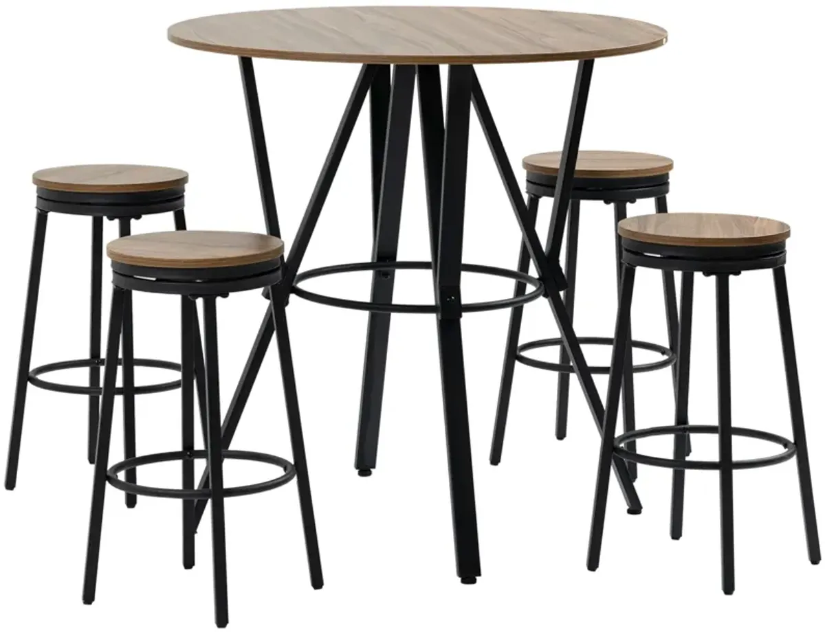 Light Brown Pub Set: 5-Piece Industrial Bar Table with Swivel Stools