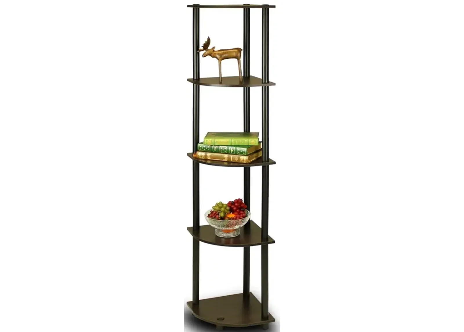 QuikFurn 5-Tier Corner Display Shelf Bookcase in Espresso & Black