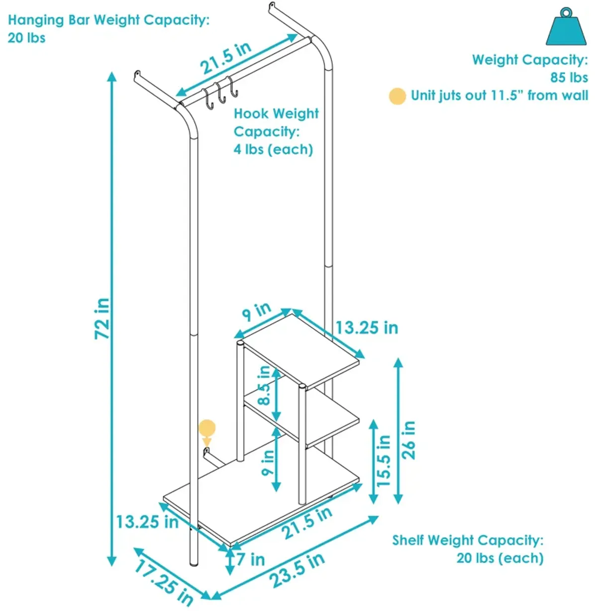 Sunnydaze Wall-Mounted MDP 3-Shelf Storage Rack - Black - 67 in