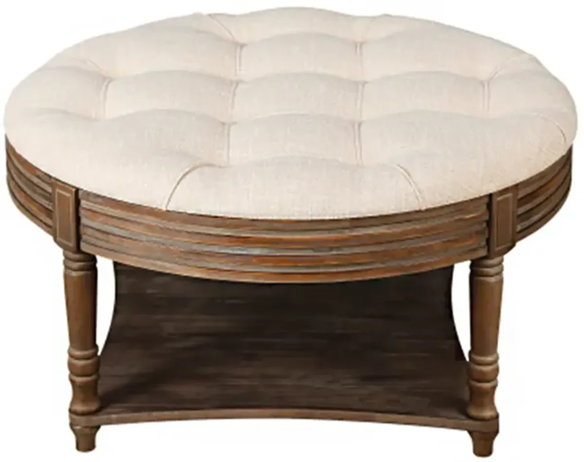 Large Round WaterProof Ottoman Coffee Table 2 Tier Oversized Button Tufted Ottoman with Wooden Shelf Storage Farmhouse Upholstered Coffee Table Living Room Footstool Ottoman Linen(Warm White)