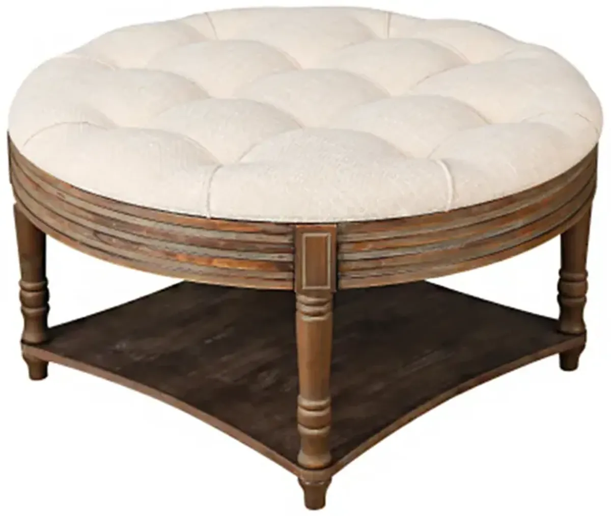 Large Round WaterProof Ottoman Coffee Table 2 Tier Oversized Button Tufted Ottoman with Wooden Shelf Storage Farmhouse Upholstered Coffee Table Living Room Footstool Ottoman Linen(Warm White)