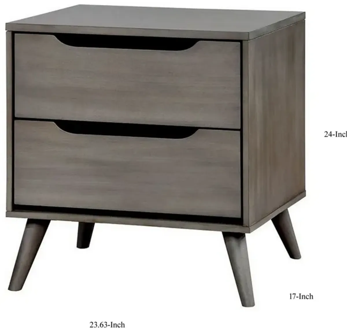 2 Drawer Wooden Nightstand with Cut Out Pulls, Gray-Benzara