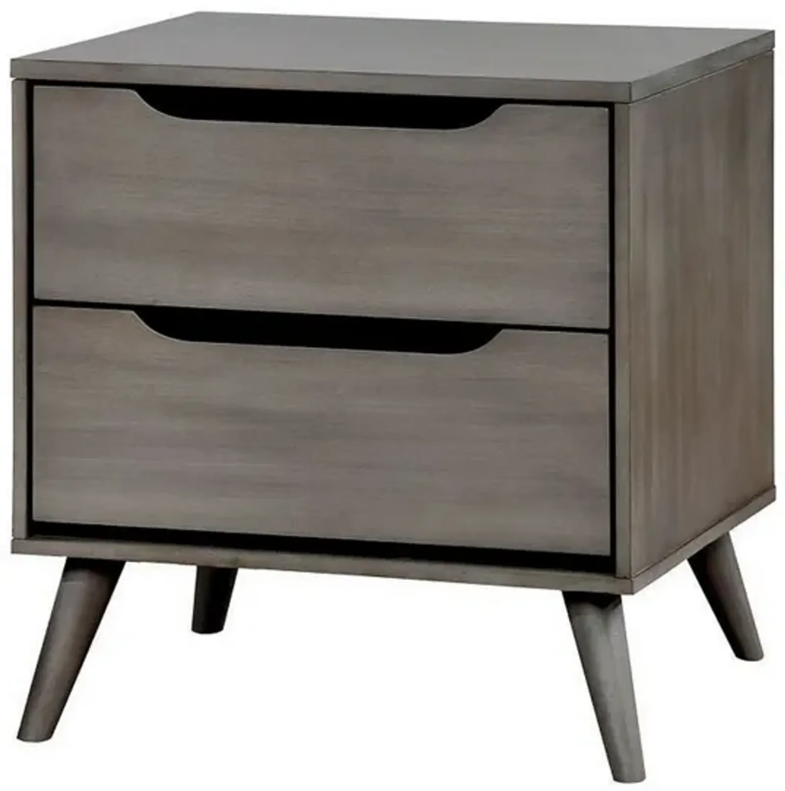 2 Drawer Wooden Nightstand with Cut Out Pulls, Gray-Benzara