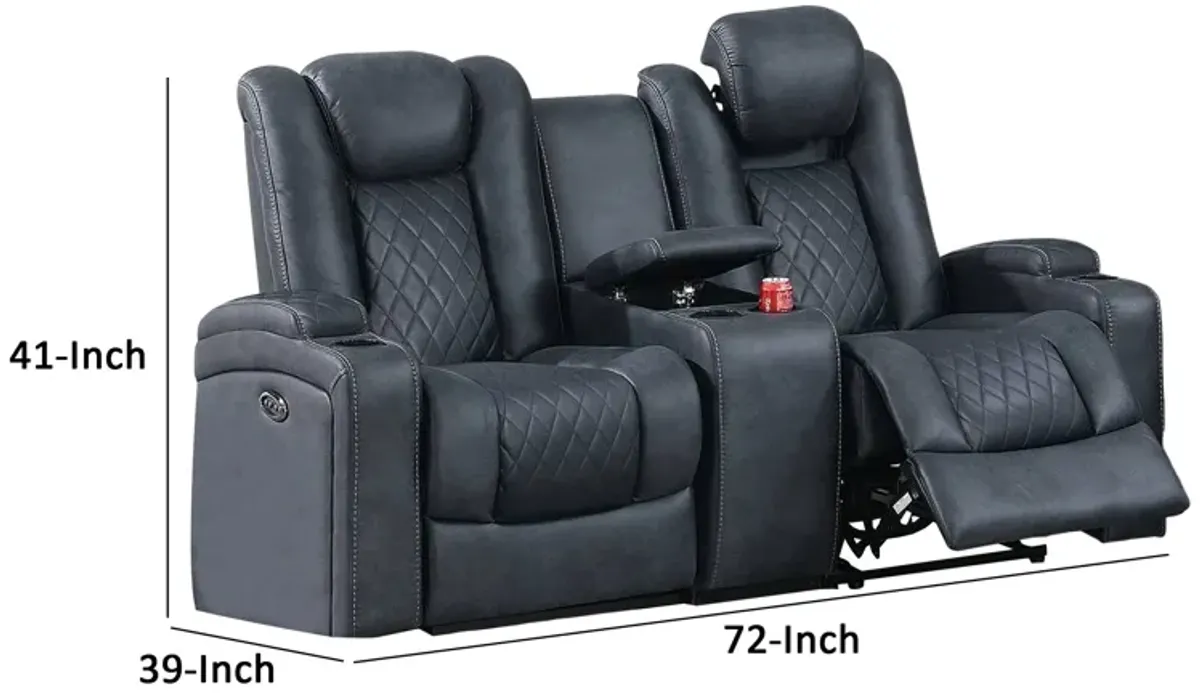 Elva 72 Inch Power Reclining Loveseat, Lift Top Storage Console, Blue-Benzara