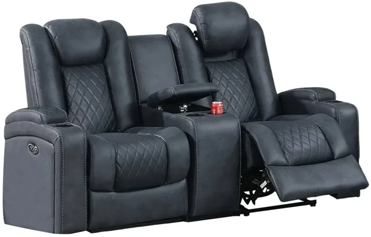 Elva 72 Inch Power Reclining Loveseat, Lift Top Storage Console, Blue-Benzara