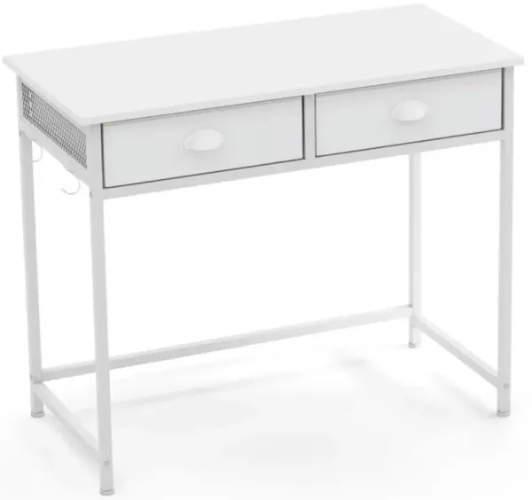 Space-Saving Home Office Desk with 2 Fabric Drawers and 4 Hanging Hooks for Storage