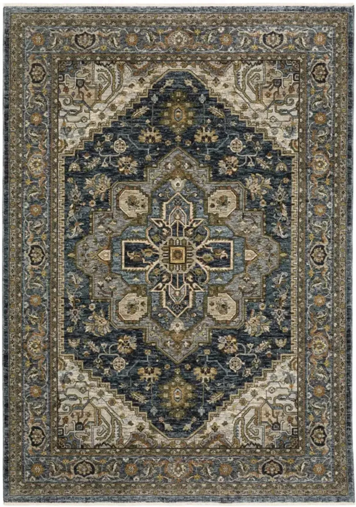 5 X 8 Blue And green Oriental Power Loom Area Rug With Fringe