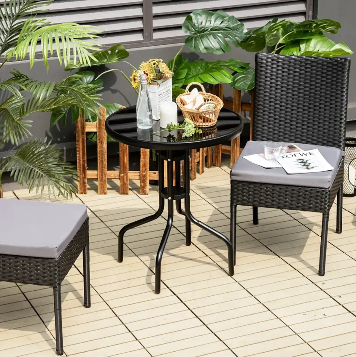 Set of 4 Patio Rattan Wicker Dining Chairs Set with Soft Cushions