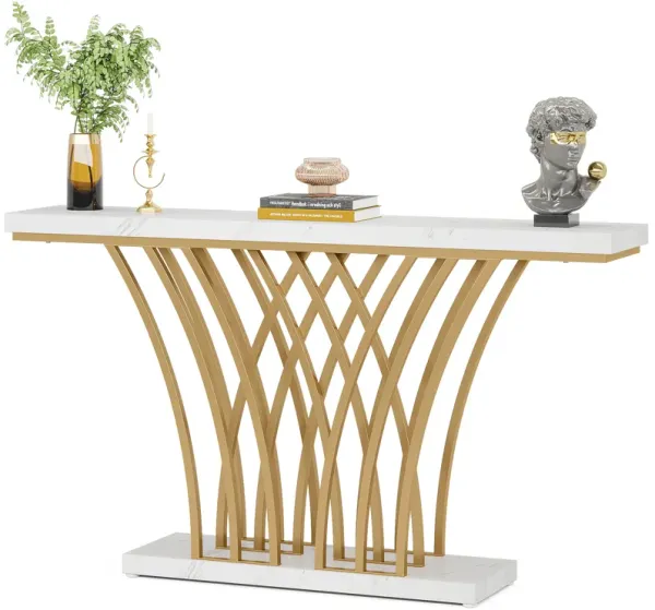 Gold Console Table, Modern Entryway Table with Grid-Shaped Metal Base for Entrance, Hallway, Entryway, Living Room, Deck Boxes